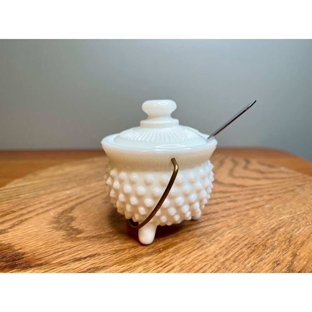 Vintage Fenton Milk Glass Hobnail Mustard Pot Covered Condiment Container